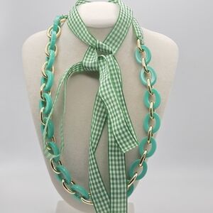 Talbots Green Links And Gingham Ribbon Necklace